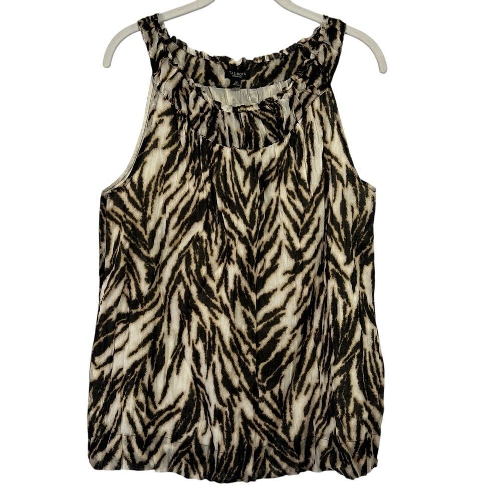 Talbots Sleeveless Animal Print Shell Top size 12 100% Cotton High Neck Blouse